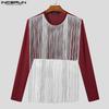 INCERUN Men Round Neck Front Tassel Patchwork Long Sleeve Casual Crop Tops T-shirts