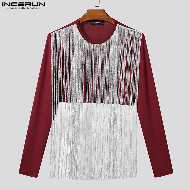 INCERUN Men Round Neck Front Tassel Patchwork Long Sleeve Casual Crop Tops T-shirts