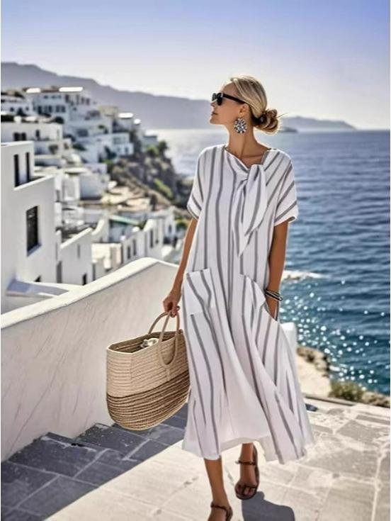 Temperament Bow Pocket Short Sleeve Loose Maxi Dress