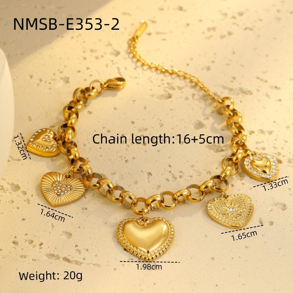 GEMCHIC Women's Gold Tone Heart Pendant Necklace and Bracelet Set Stainless Steel Charm Jewelry