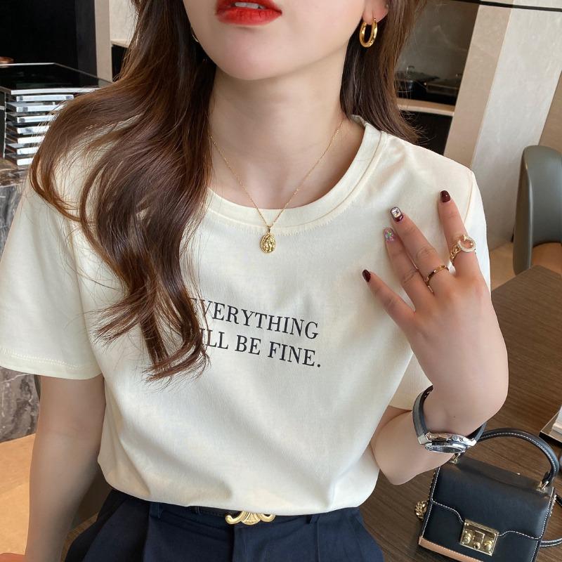 

Футболка с короткими рукавами из чистого хлопка для женщин, летняя белая, новый стиль, свободная, модная надпись, рукав до половины, верх на правом плече M