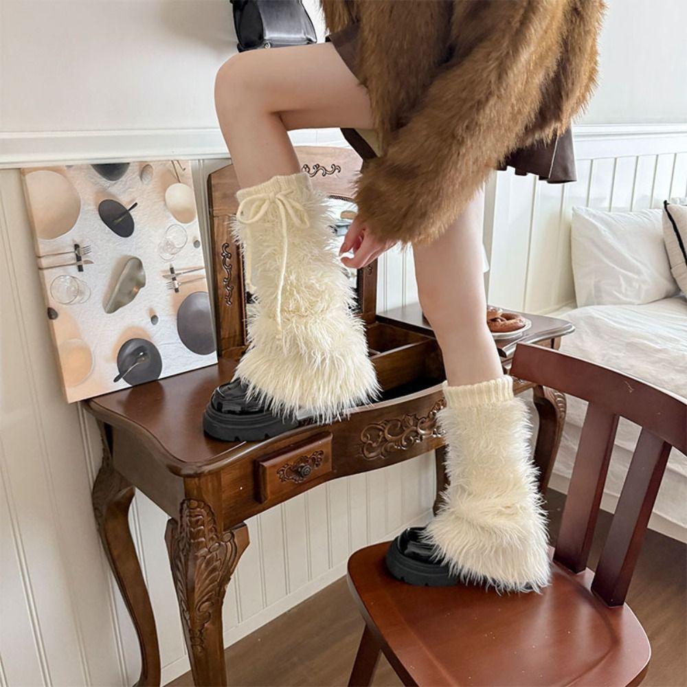 Knitted Furry Leg Warmers Foot Cover Long Stockings Soft Winter Leg Warmers Accessories