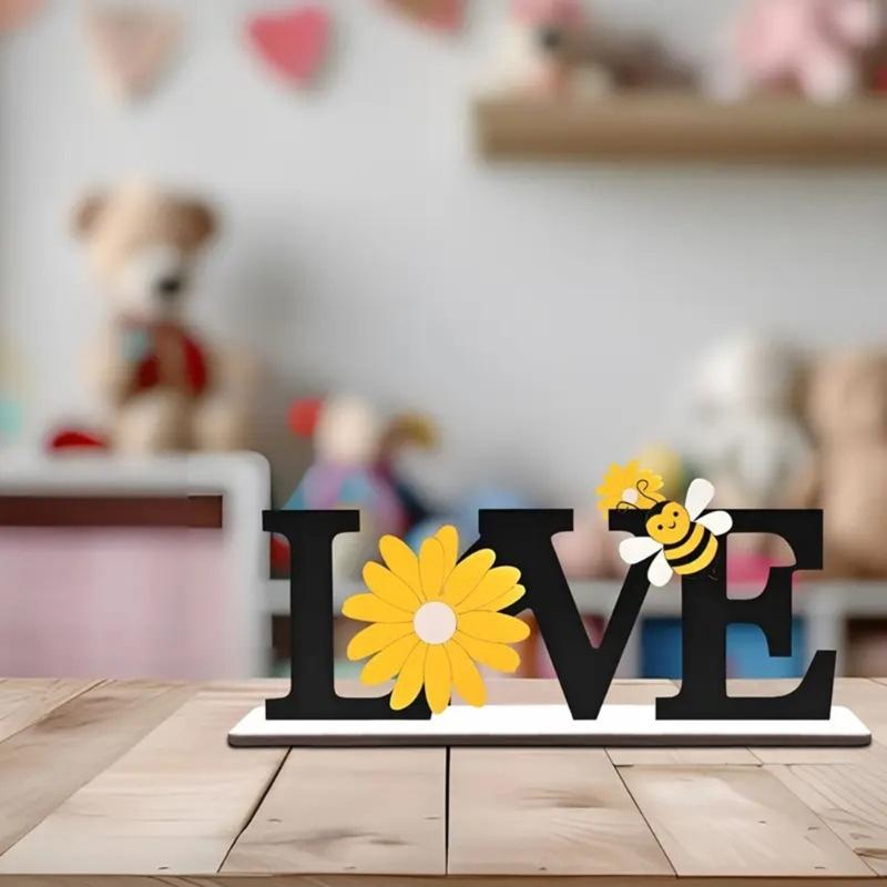 Farmhouses Wooden Love Letter Sign with Sunflowers and Bees Accent for Home or Office Spring Summer Tabletop Decors
