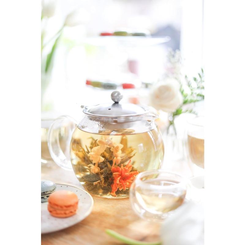 Stovetop Safe Glass Teapot with Removable Infuser (40oz/1200ml) and Four Double Walled Glass Cups (5oz/150ml) - Classica Tea Set