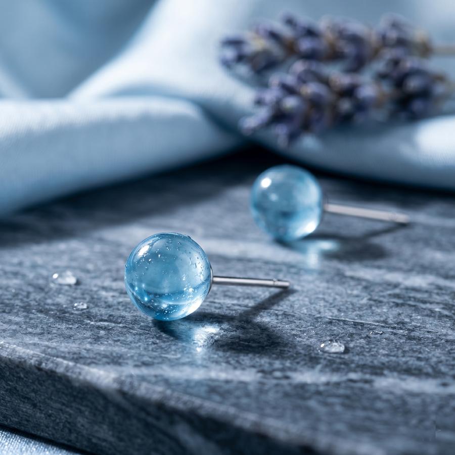 S925 Sterling Silver Aquamarine Stud Earrings, Natural Ice Blue Round Bead Minimalist Jewelry, Mindful Everyday Wear, Ear Stacking