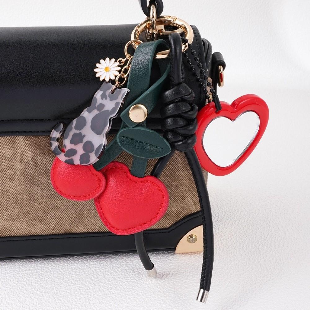 Heart-shaped Mirror Cherry Leather Keychain Bag Accessories Cat Cherry Bag Pendant Birthday Gift