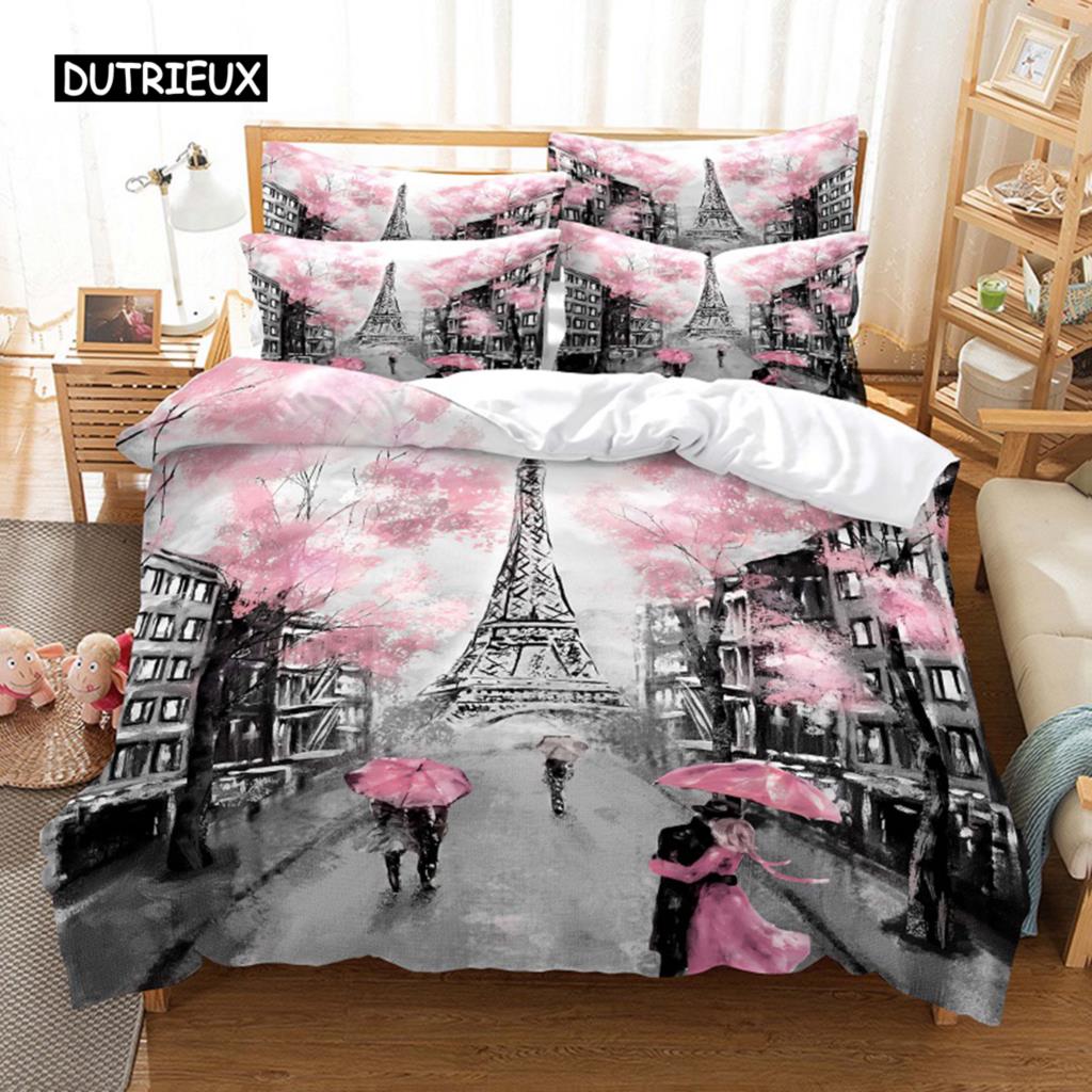 France Eiffel Tower Duvet Cover Romantic Couple Comforter Cover Microfiber France Paris Cityscape Bedding Set For Adults Decor