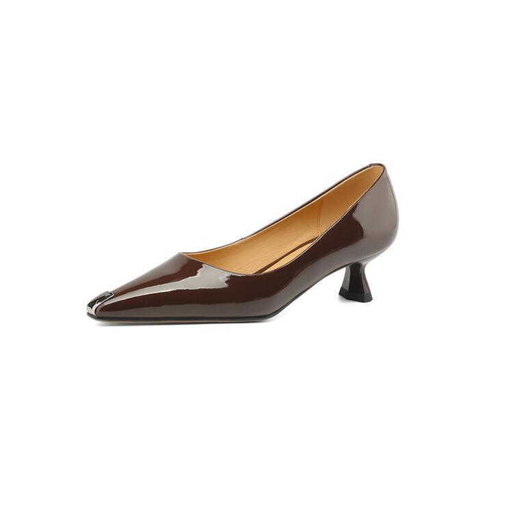 Fashion Spring/Autumn Women Pumps Pointed Toe Kitten Heel Shoes Patent Leather Shoes for Women Elegant High Heel Metal Decoration Shoes