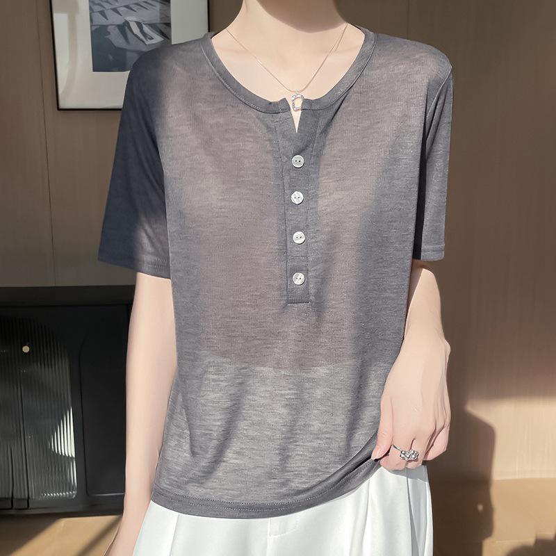 

Korean Style Women s Half-Open Collar Knit Top - Spring/Summer Casual Short Sleeve T-Shirt XXL (Suitable for 135-150 lbs)