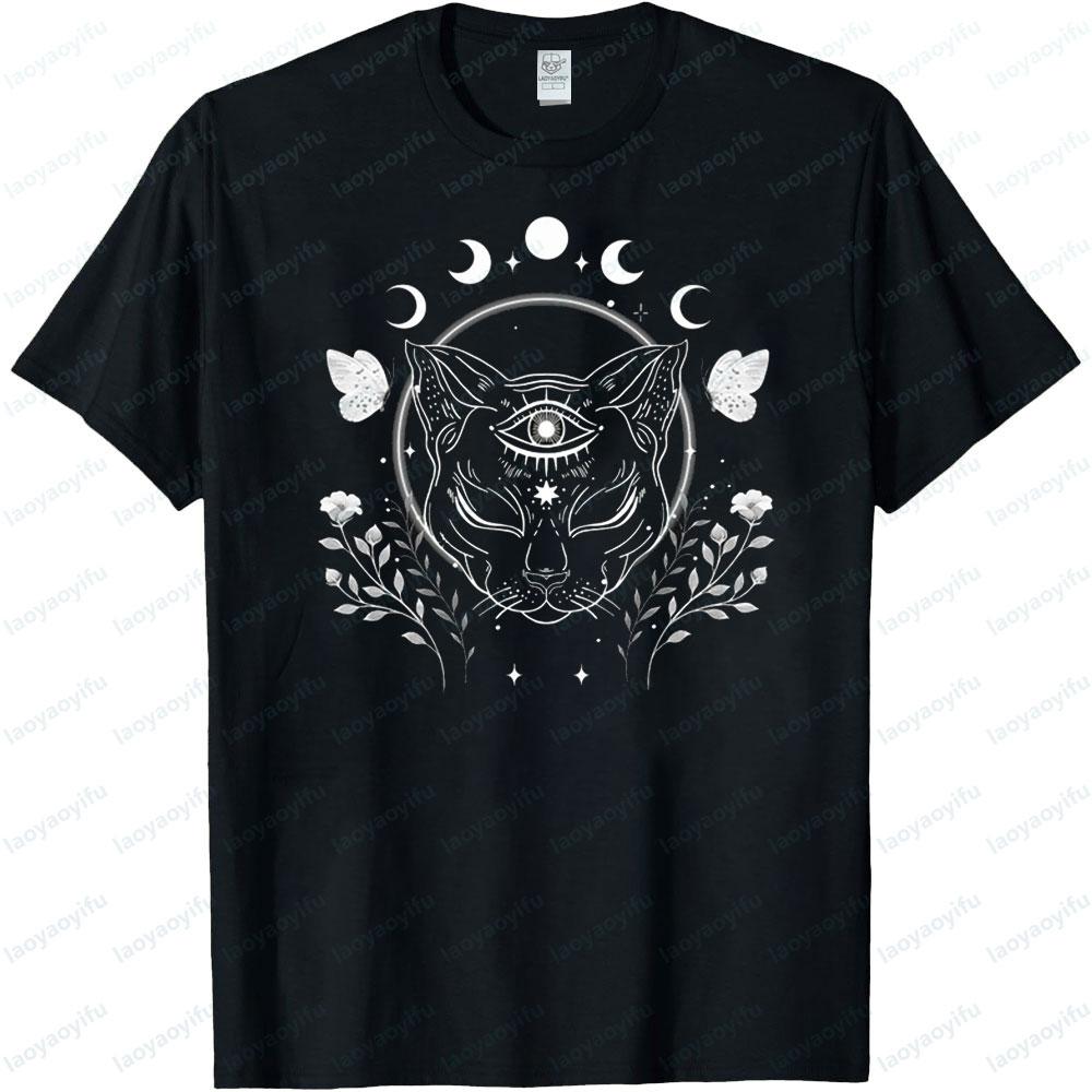 Mystical Wicca Cat TShirt Witchy Pagan Occult Clothing Graphic Printed Tshirt Women Fashion Aesthetic Short Sleeve Halloween T