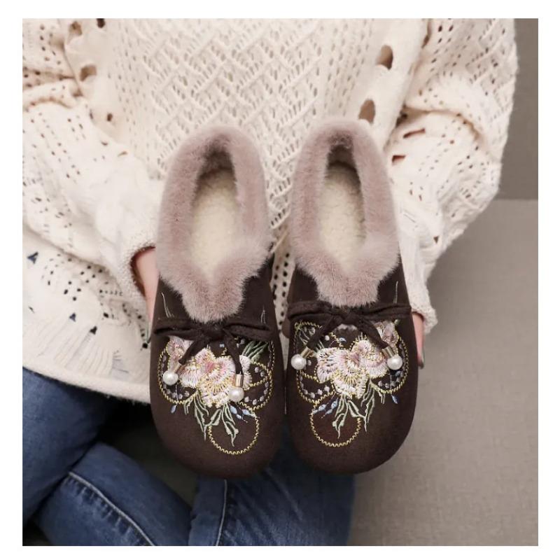 Womens Embroidered Fleece Lined Warm Ethnic Style Casual Flat Cloth Shoes