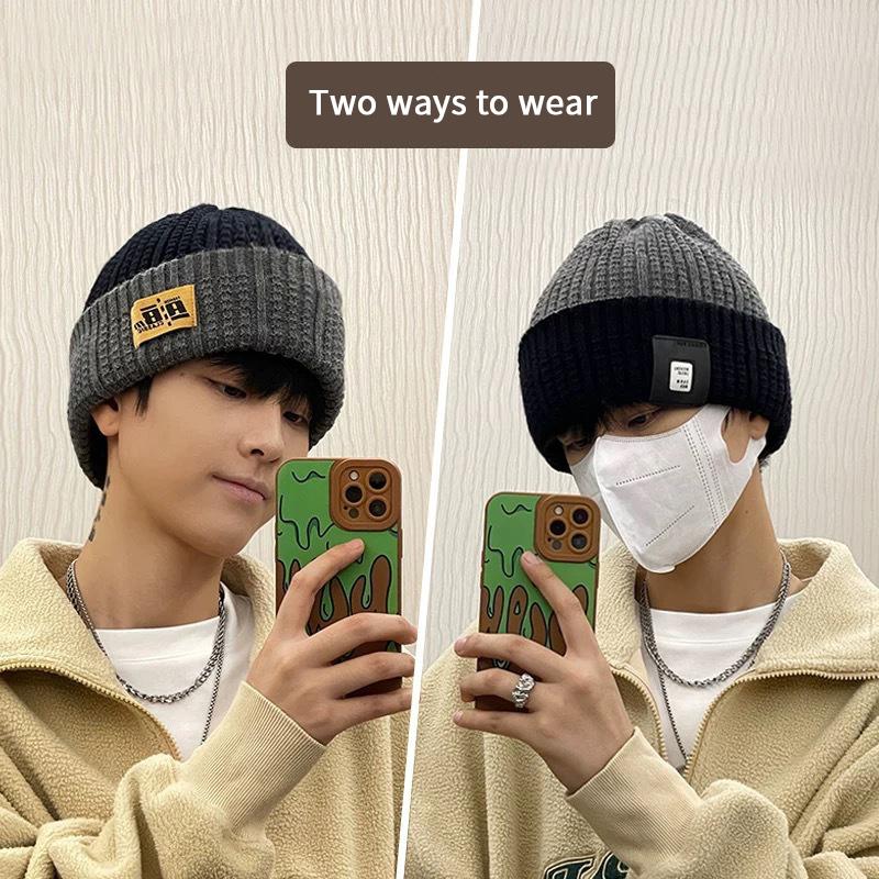Winter Warm Ear Protection Hat For Women Baggy Slouchy Beanie  Color Block Woolen Pullover Cap Girl Pile Knit Hat