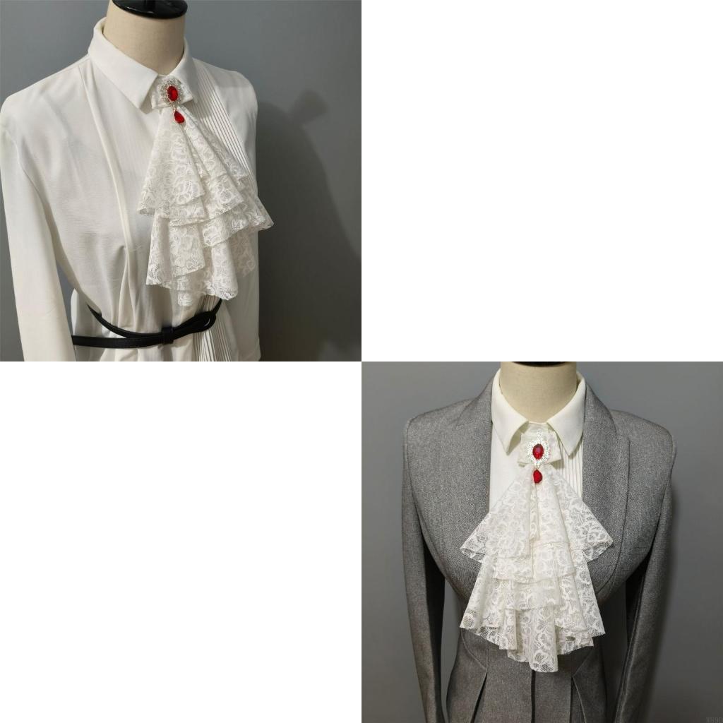 Rhinestones Ruffled Lace Jabot Victorian Renaissances Detachable Faux Collar for Themed Gatherings and Theatrical Wear