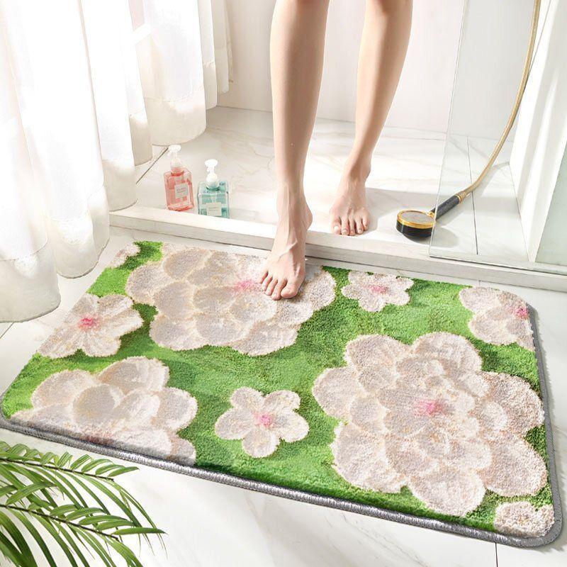 Badezimmerteppichmatte, Weißer Blume Badezimmerteppiche Flauschig Weich Superfeine Faserteppiche Rutschfeste Badematte Maschinenwäsche Plüschmatten, Badezimmerteppich