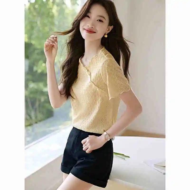 Korean Temperament Elegant Korean All Match V-neck Exquisite Texture Fabric Summer New T-shirt Fashion Graceful Tops