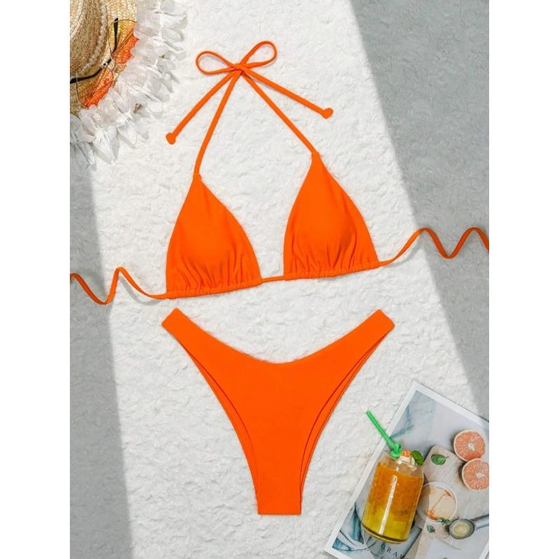 Sexy Solid Halter Lace Up Low Waist Bikini Set Women's 2 Pieces Swimsuit Triangle Thong Swimwear Bathing Suit Brazilian Biquini