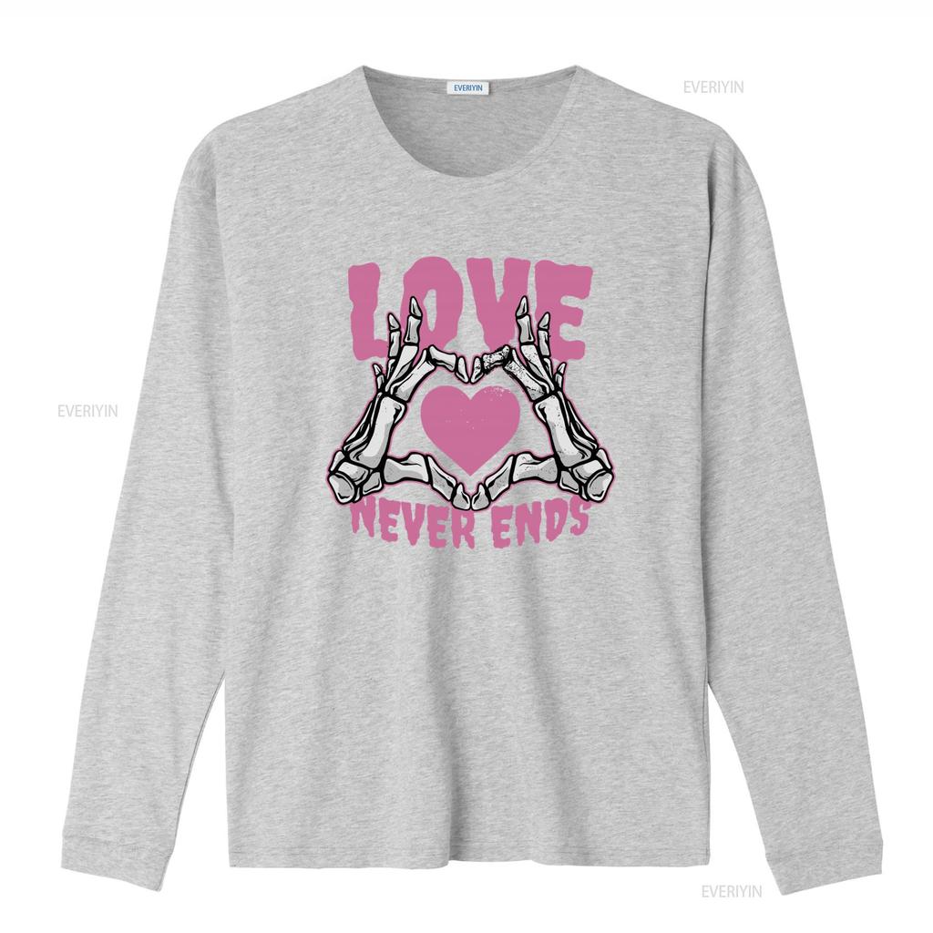 Love Never Ends Gothic Valentines Day Mens Cotton T Shirt with Skeleton Hands Heart Print vintage Washed graphic Comfortable
