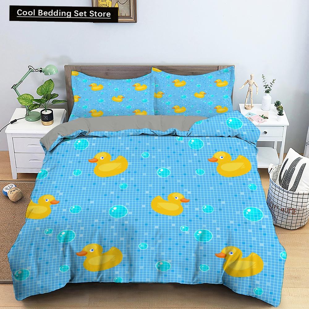 Cartoon Yellow Duck King Queen Duvet Cover Farm Lovely Animal Bedding Set Blue Bubble Quilt Cover Soft Polyester Comforter Cover