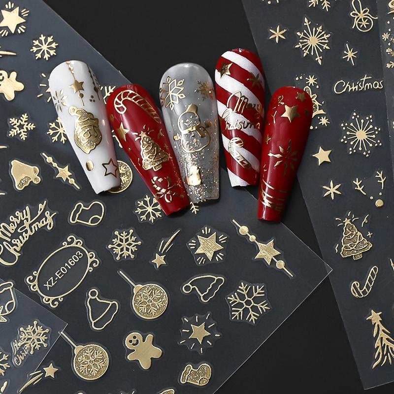 1Sheet Gold 3D Christmas Nail Foil Stickers Sparkling Snowflake Christmas Tree Snow Globe Snowflake Nail Slider Nail Stickers