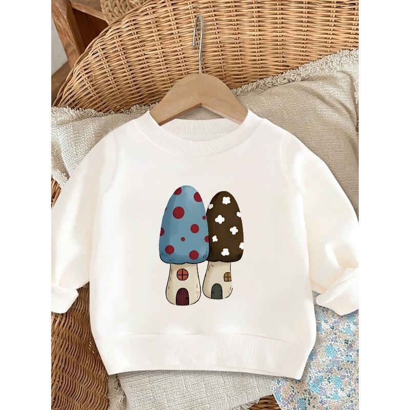 European Size Cute Mushroom Print Spring Lightweight Round Neck Sweatshirt, Comfortable Outdoor Wear Choice for 0-3 Years Old