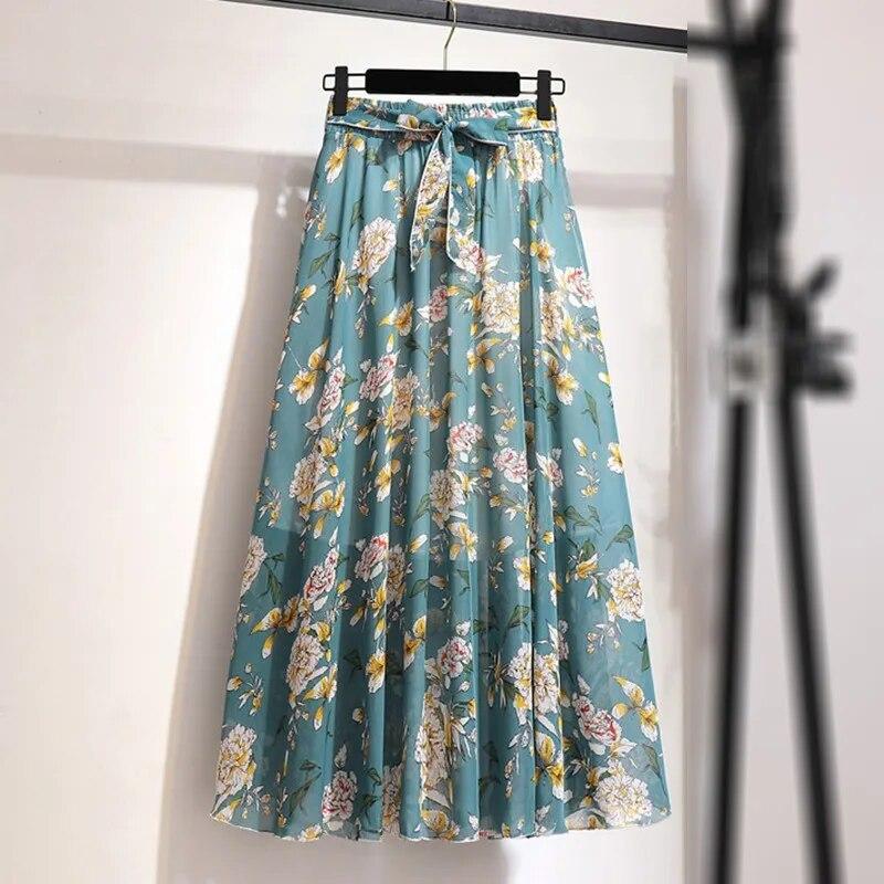 

Женская богемная длинная юбка с цветочным принтом, летние пляжные солнечные юбки, шифоновая юбка с высокой талией и цветочным бантом One Size