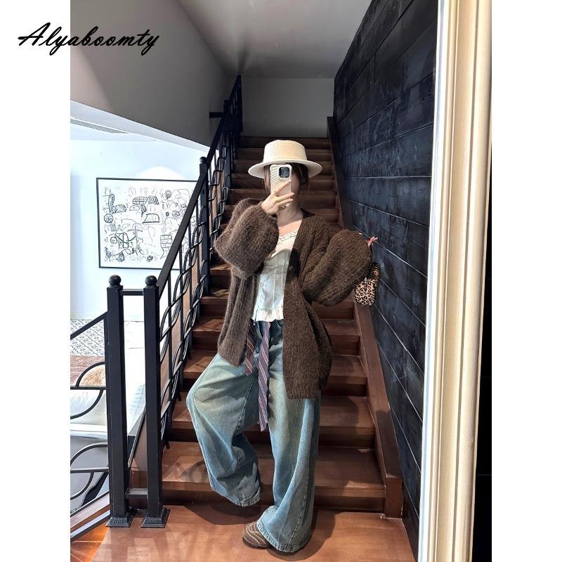 Korean Fashion Autumn Winter Women Thick Sweater Green Beige Brown Grey Knitted Cardigan Lantern Sleeve Casual Loose Oversized Knitting Outerwear