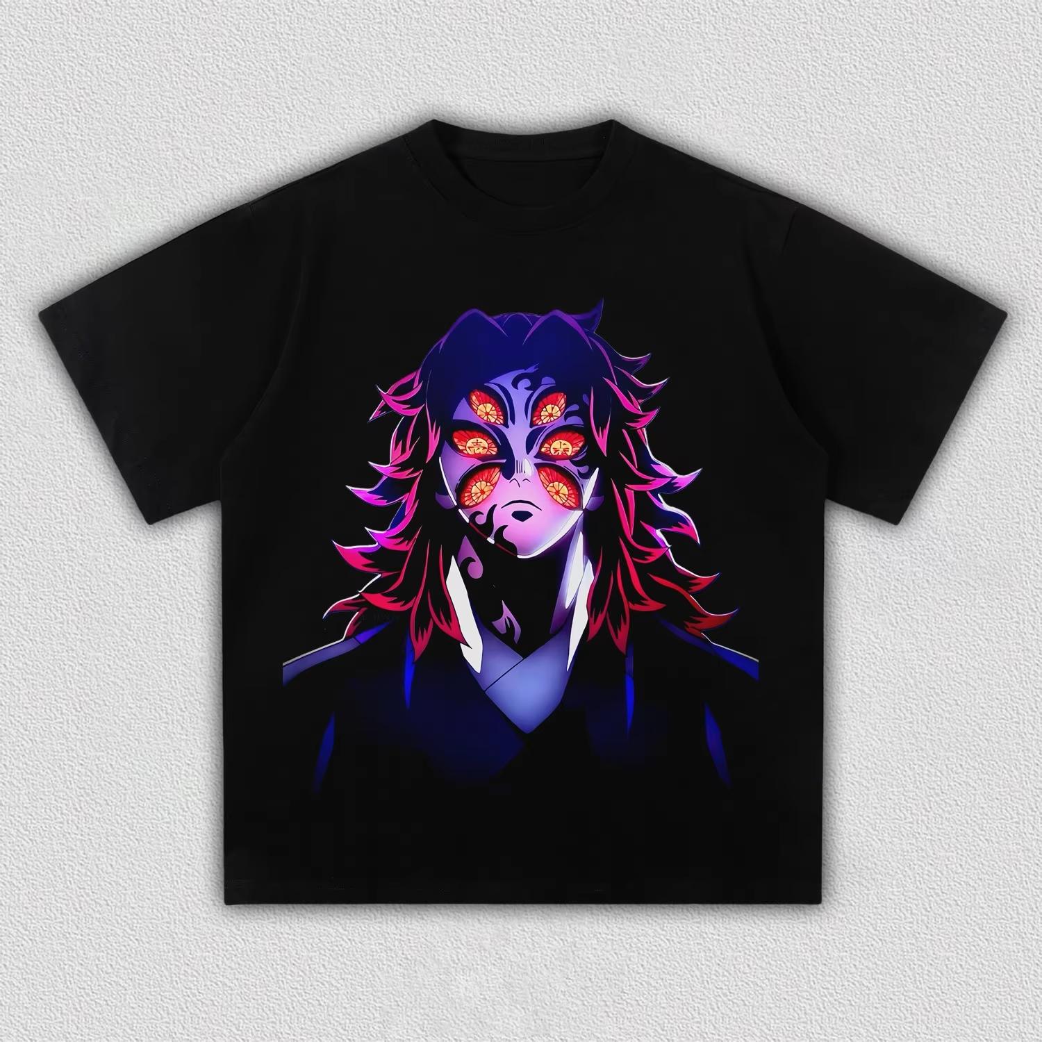 Unisex Black Vintage Demon Slayer Kokushibo Neon Print T-Shirt, Dark Aesthetic Anime Casual Streetwear T-shirt 4XL