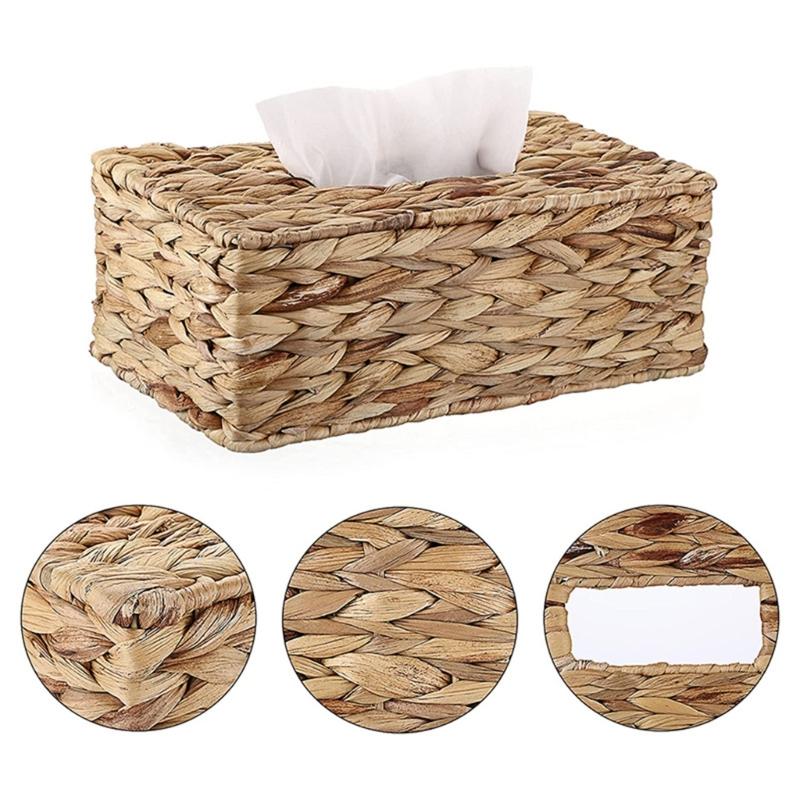 Handmade Water Hyacinth Storage Basket for Tissues Woven Paper Towel Box with Lid Natural Home Decoration