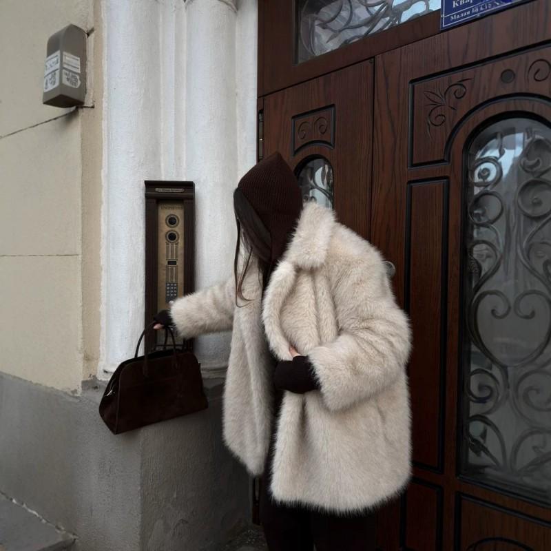 Womens Faux Fur Coat Winter Thickened Mid-Length Jacket With Cotton Lining Loose Fit Street Style