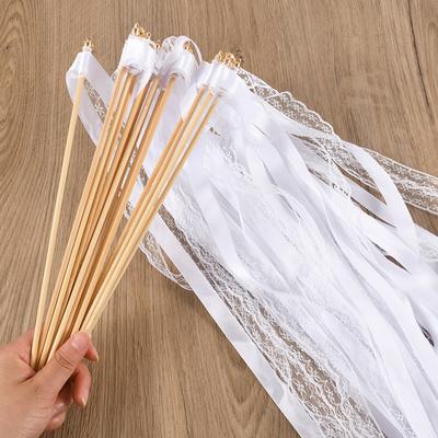 20/50Pcs White Ribbon Wands with Bells Wedding Favors Lace Streamers Fairy Stick Guest Cheering Props Birthday Party Decoration
