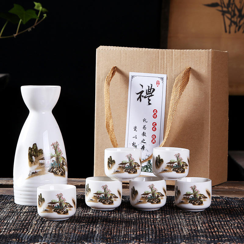 7Pcs Ceramics Japanese Sake Pot Cups Set Flagon Liquor Cup Spirits Hip Flasks Sake White Wine Pot Gifts Home Kitchen Drinkware