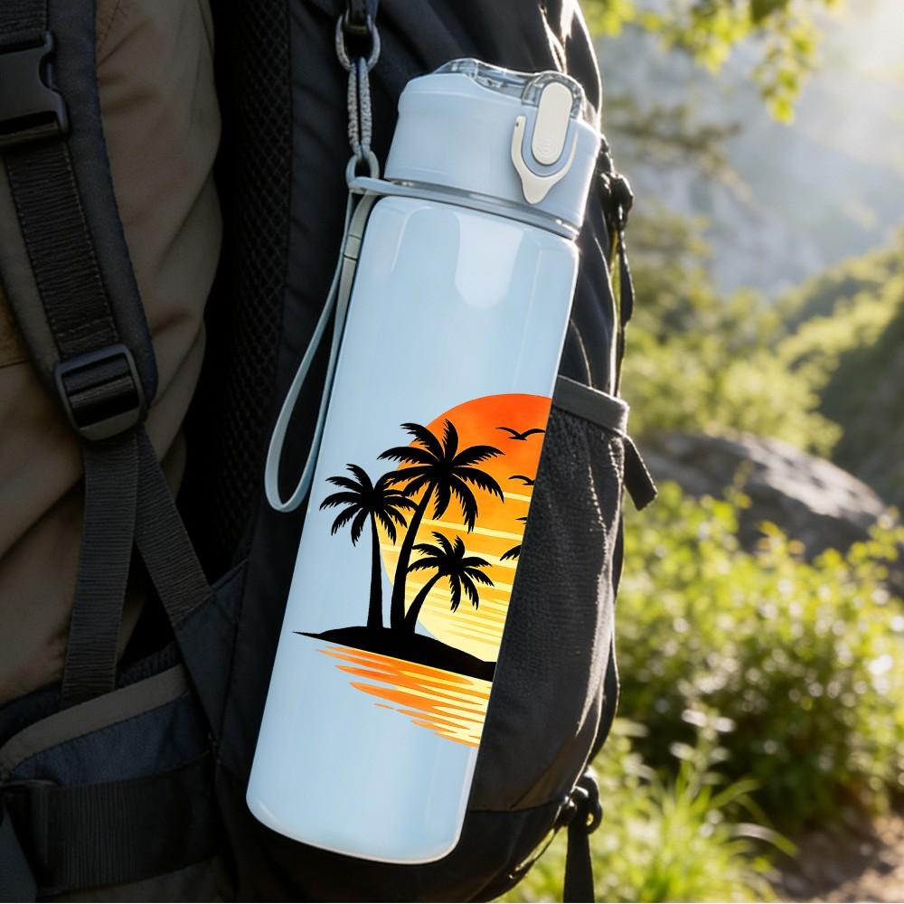 1PC Palm Tree Sunset Tropical Scenery Print 750ml Color Plastic Sports Water Bottle Leakproof Flip Straw Lid Suitable for Sports Office Home Use