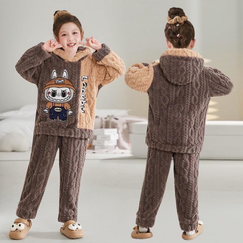 Girls Coral Fleece Pajama Set With Hooded Cartoon Character Design Winter Warm Sleepwear Kids 8 Years
