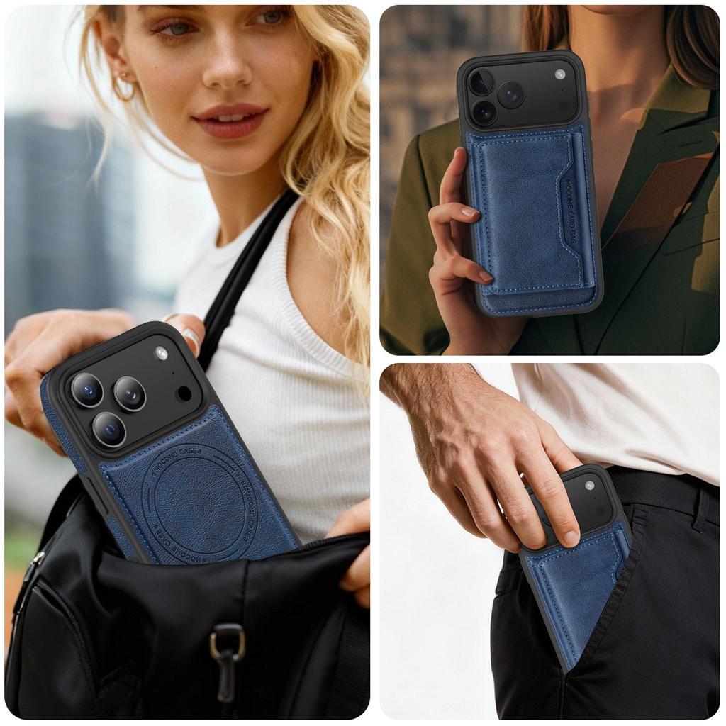 Apple 17 Pro Max Magnetischer Kartenhalter Ständer Lederhülle - Sturzsicheres Schutz-iPhone 16 Cover mit Kartenschlitz