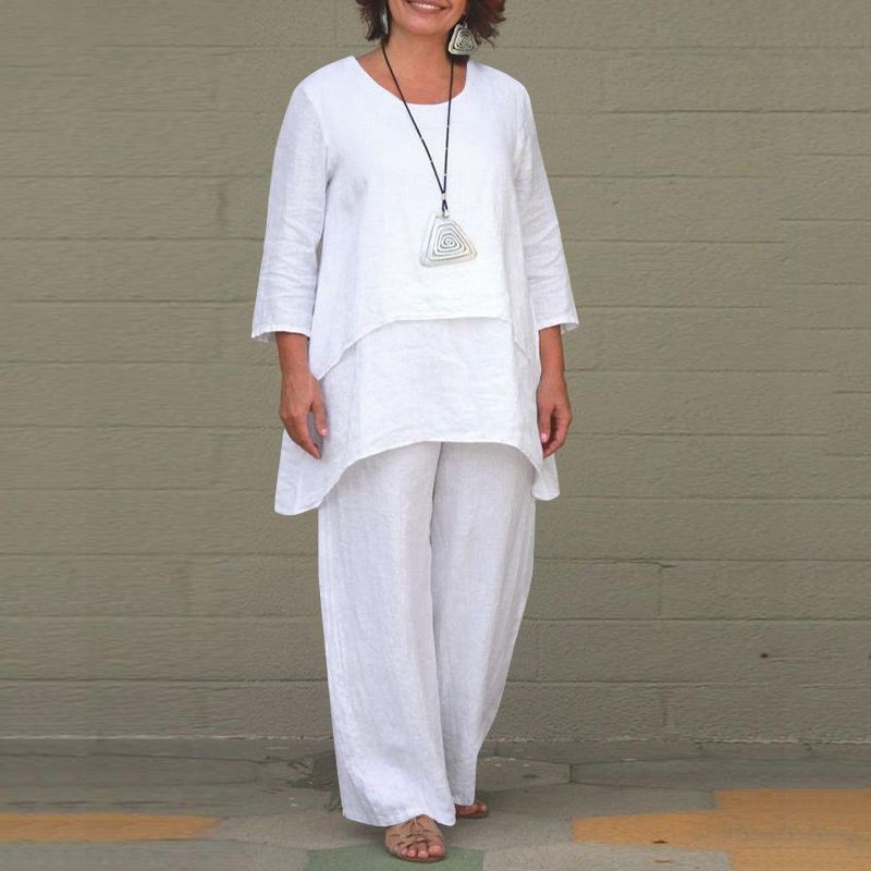 Fake Two-piece Cotton Linen White Set Women's Casual Irregular Top + Wide-leg Pants 2-piece Suit Loose Oversized Women Outfit