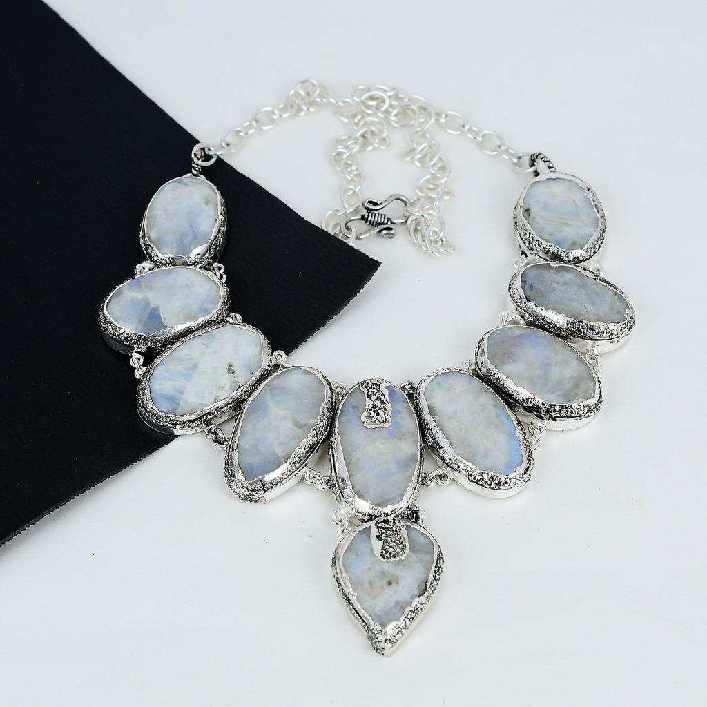 Natural Rainbow Moonstone Gemstone Handmade 925 Sterling Silver Electroform Necklace, Moonstone Silver For Wife Unisex Necklace Love Gifts