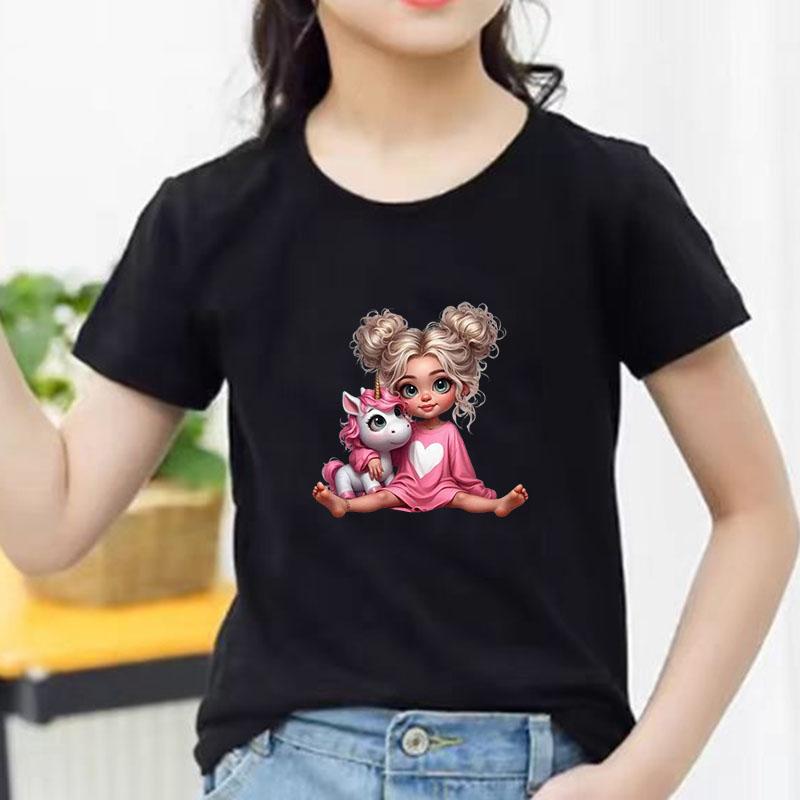 Kids Pure Cotton T Shirt Girl Sitting With Pink Unicorn Print Crew Neck Short Sleeve Tee Casual Boys Girls Summer Tops