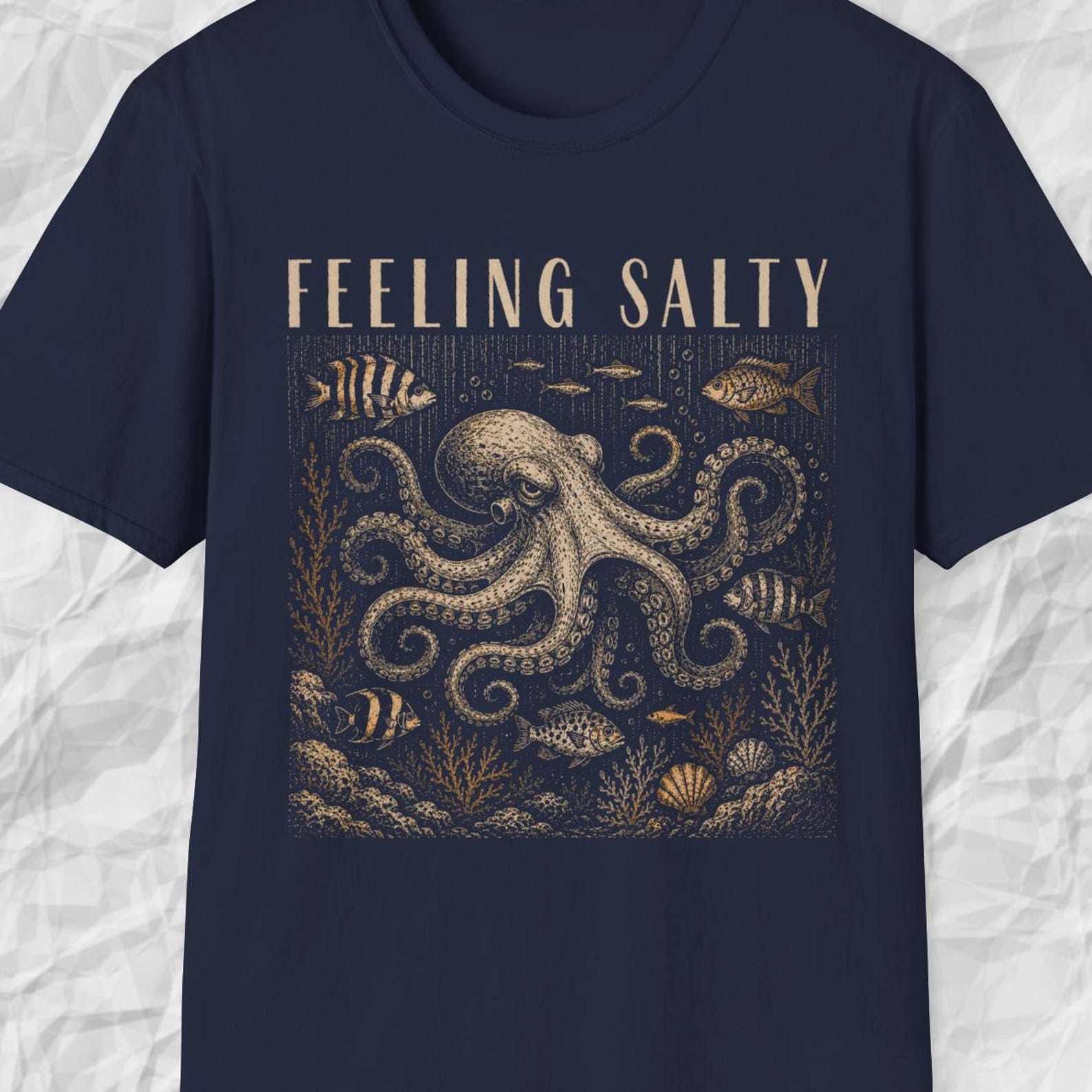 Feeling Salty Octopus Shirt, Funny Sea Life Tee, Retro Ocean Graphic Shirt, Coastal Marine Animal Tee, Nautical Ocean Humor Shirt L