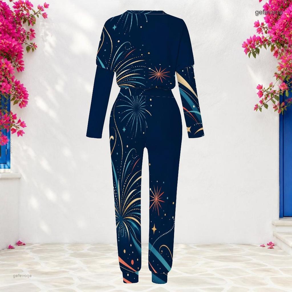 Women Plus Size Round Neck Long Sleeve Navy Printed Two Piece Set Cuffed Top Cuffed Pants With Pockets