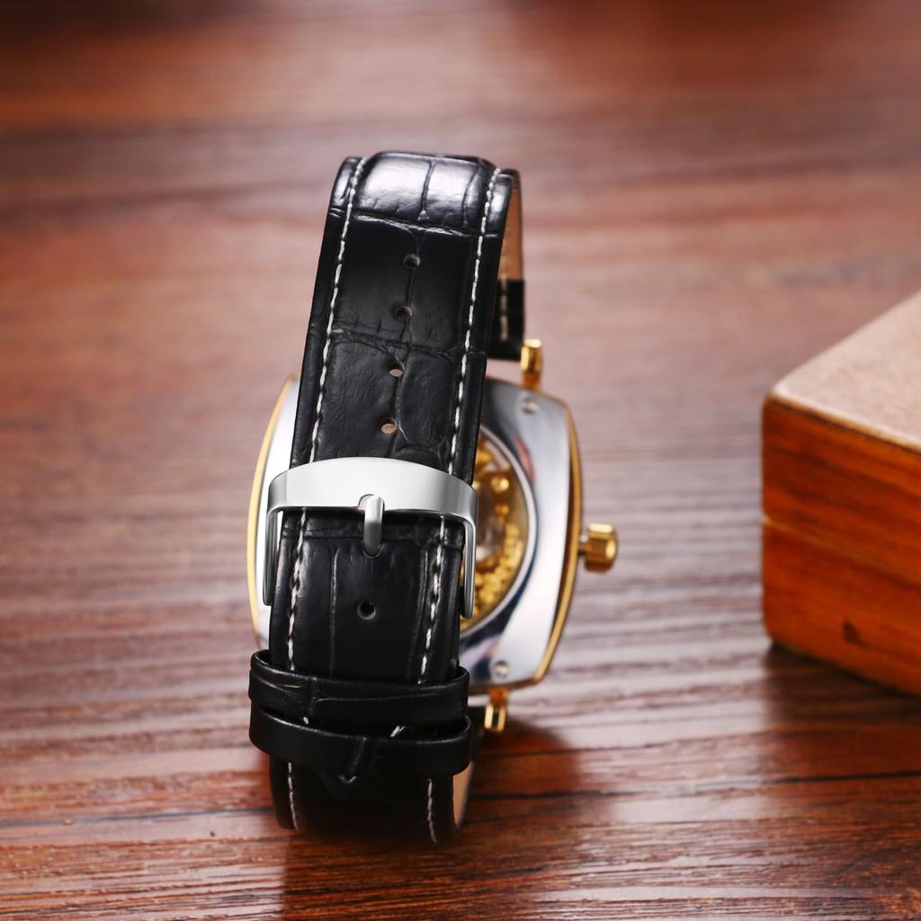 Men's Automatic Watch Genuine Leather Strap Analog Display 3ATM Waterproof Gold Silver Casual Business Fashion Accessory