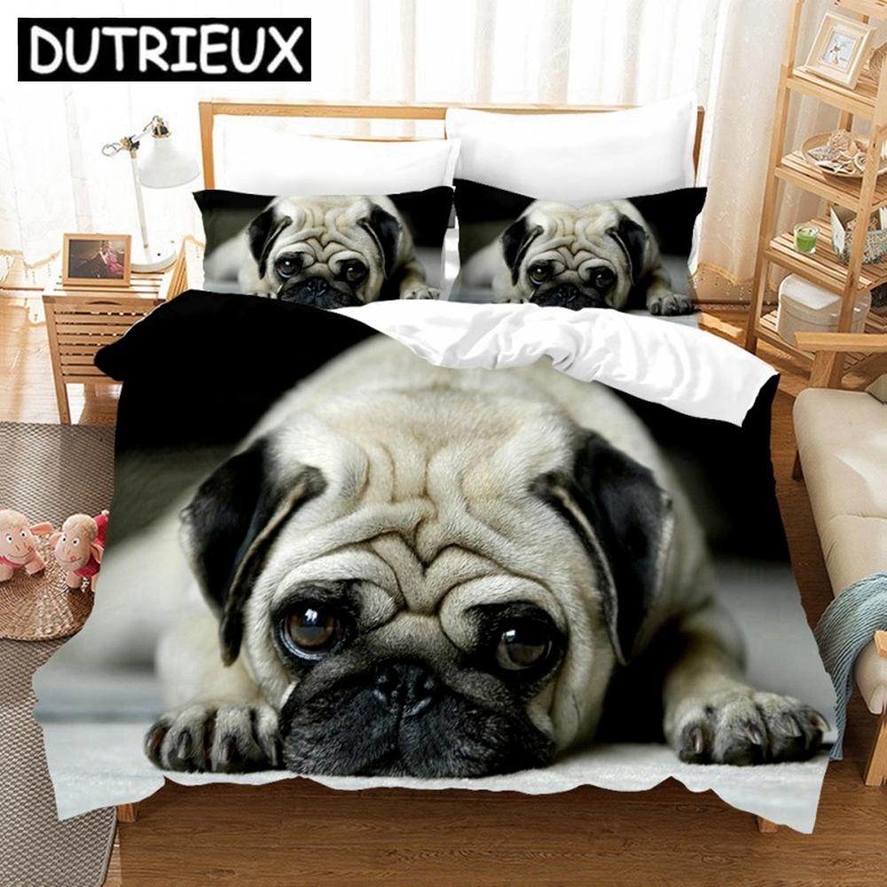 Cute Pugs 3D Duvet Cover King Size Animal Dog Printed Black White Quilt Cover Pillowcase Set Custom Bed Linen Kids Bedding Set