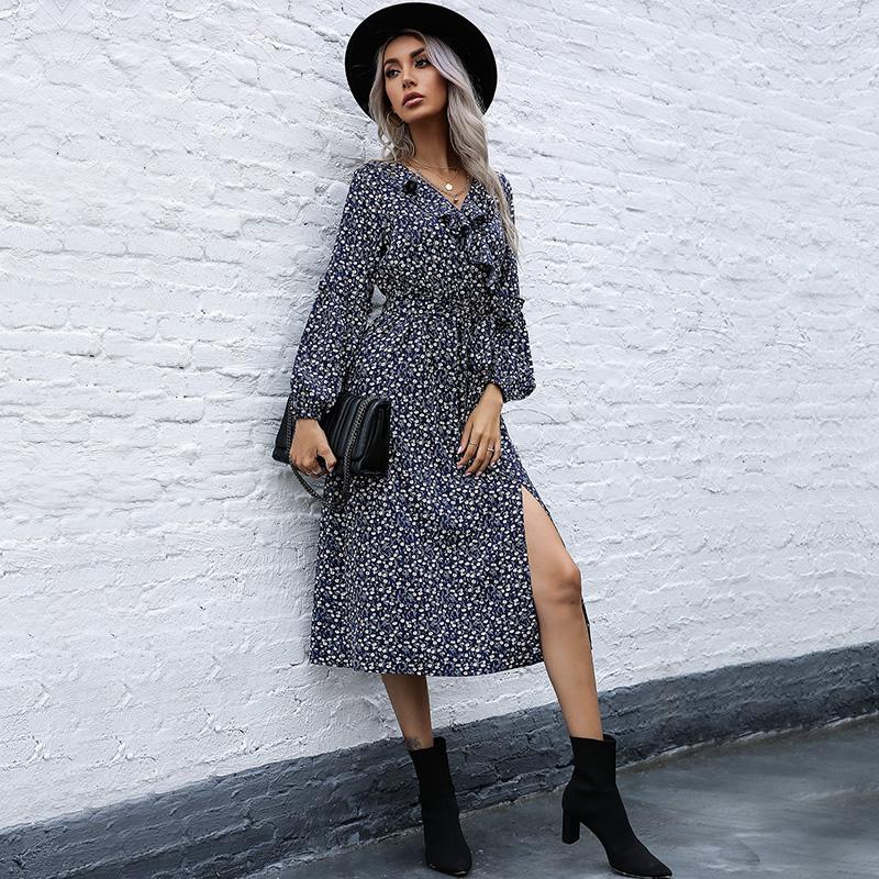 YYFS Women's Fashion Summer Flower Pattern Print Long Sleeve V-Neck High Waist Casual Dresses