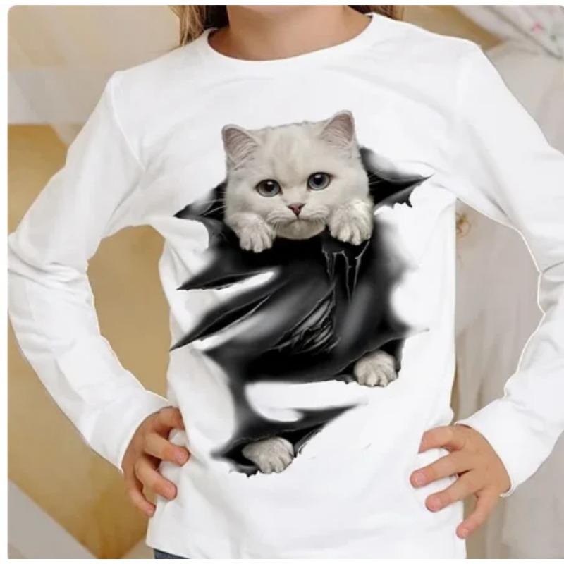 3D Pattern Cat T-shirt Long Sleeve Printed Fun Children's Girls' Top