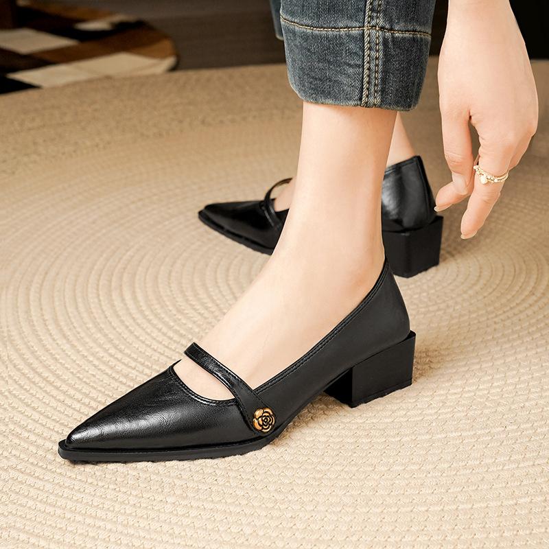 Coarse Heel Mary Jane Shoes Camellia Pointed Head Shallow Mouth High Heel Commuter Work Shoes Women