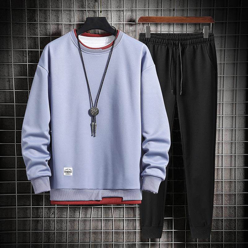 Men Fake Two Piece Casual Round Neck Long Sleeve Sweater And Pants Set