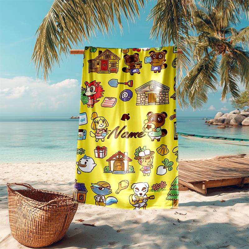 Personalized customized proof beach towel with Animal Crossing pattern - soft, absorbent, quick-drying, perfect swimming, camping&bathing