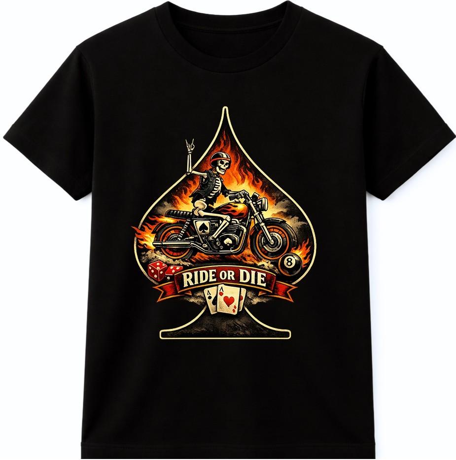 Skeleton Biker T Shirt Motorcycle Spade Cards Dice Vintage Garage Graphic Tee S