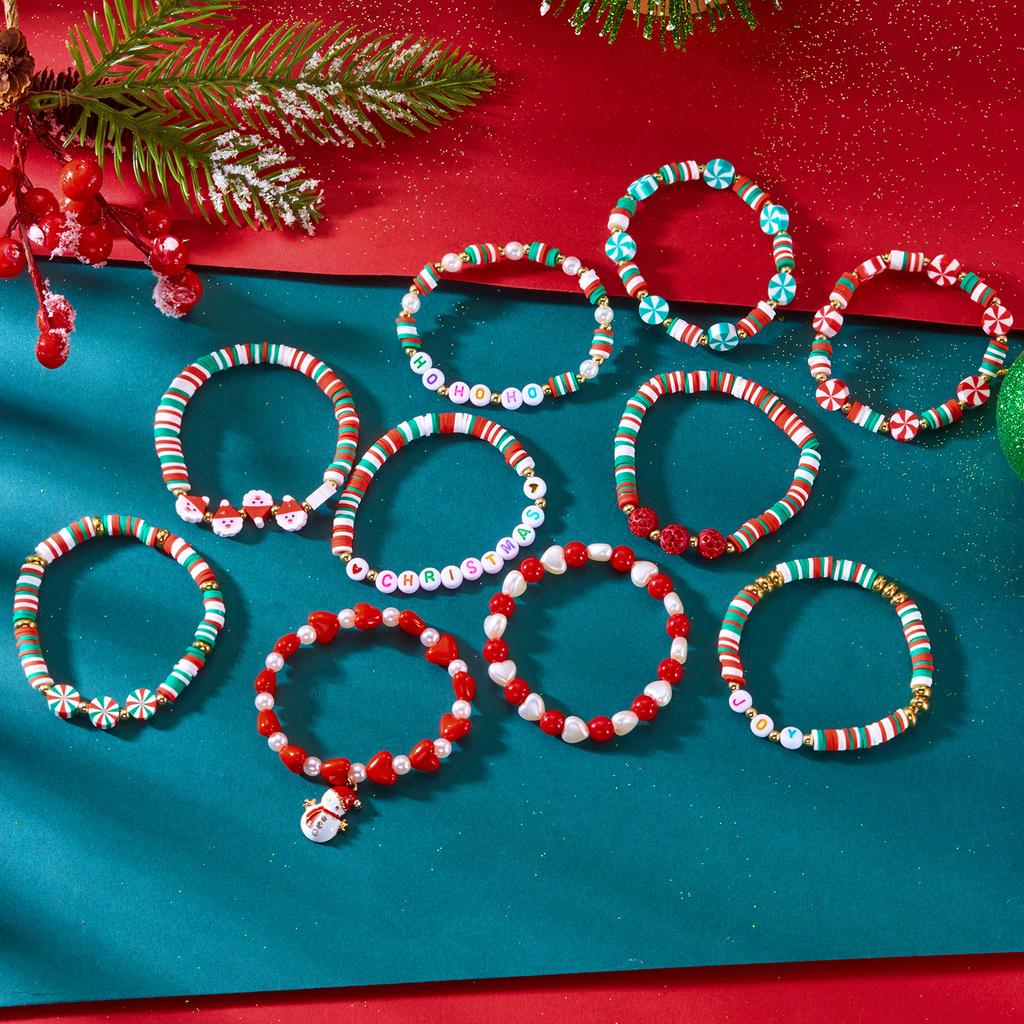 10Pcs Colorful Soft Clay Beads Christmas Bracelets Set for Women Santa Claus Xmas Tree Snowflake Stackable Bracelets Jewelry