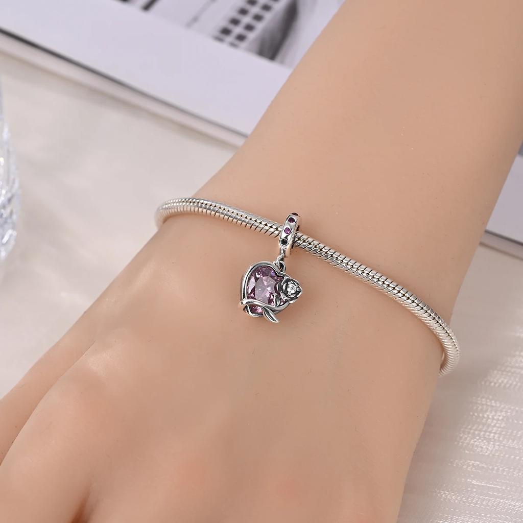 Charm Bead Charms Authentic copper Plated Pink Zircon Rose Pendant Bead Charms Compatible With Bracelets Diy Fine Gift Women Delicate Jewellery