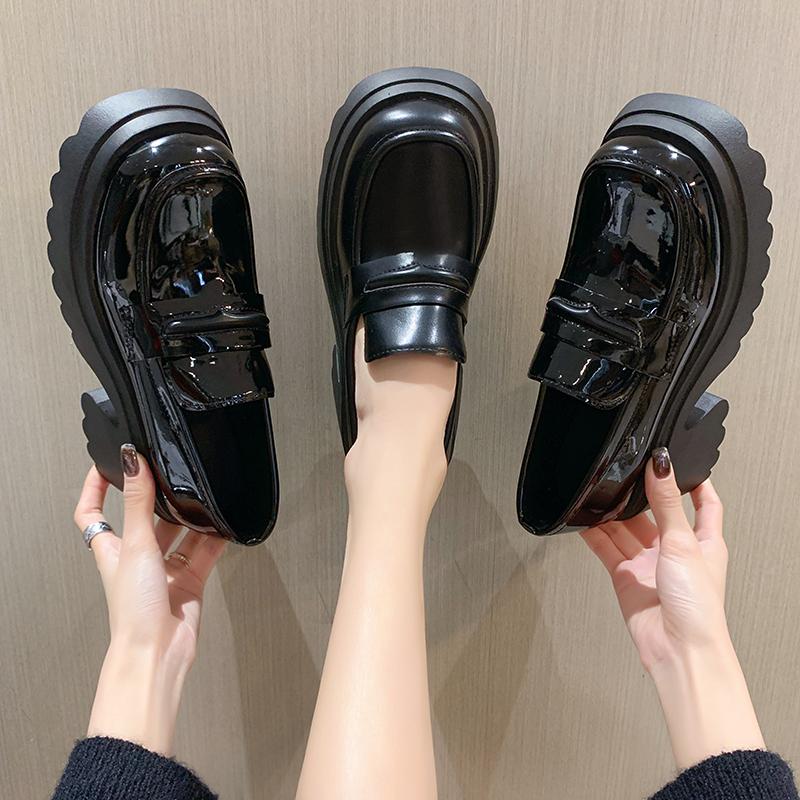 Gothic Chunky High Heels Pumps for Women 2025 Spring Patent Leather Platform Loafers Woman Black Thick Heeled Jk Lolita Shoes
